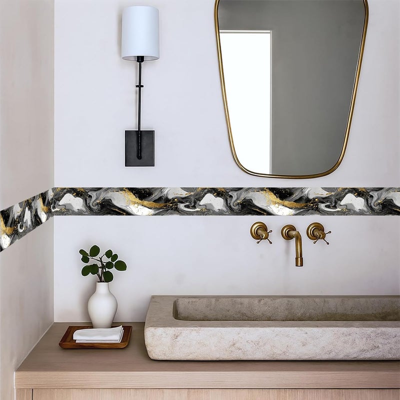 IOHEFY Marble Wave Wallpaper Border 196x4 Inch Peel and Stick Wall Border Black White Gold Pattern Removable Vinyl Wall Trim Kitchen Bathroom Living Room Home Decor - Image 3